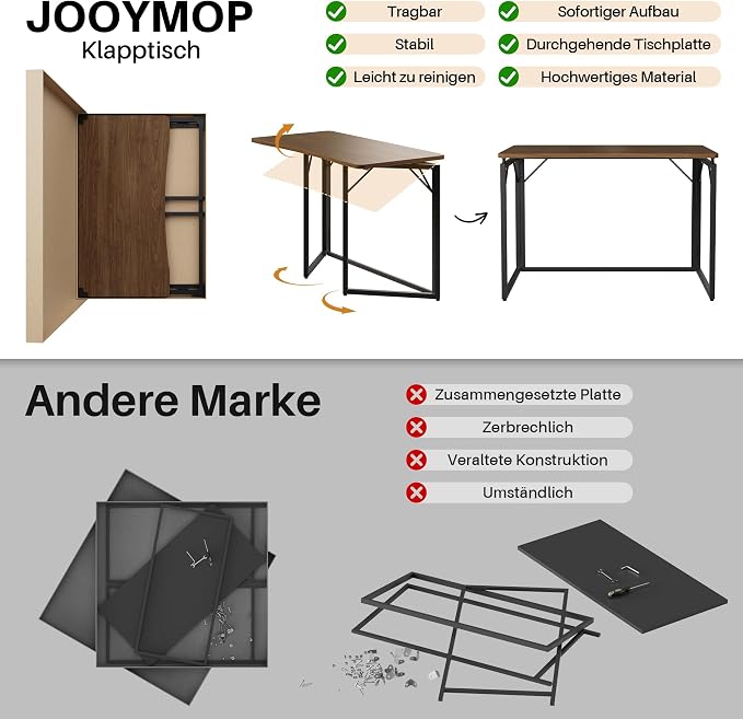 JOYMOOP 40" Folding Desk - Brown, No Assembly Middle Size Foldable Desk for Home, Office, Wooden Top Folding Computer Desk for Working, Writing, Studying