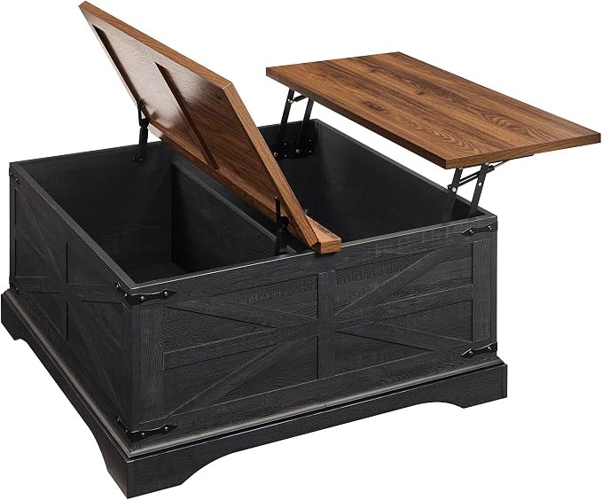 JXQTLINGMU Farmhouse Lift-Top Coffee Table with Large Storage, 36" Square Wood Living Room Table with Hidden Compartment and Raised Dining Surface, Black and Brown