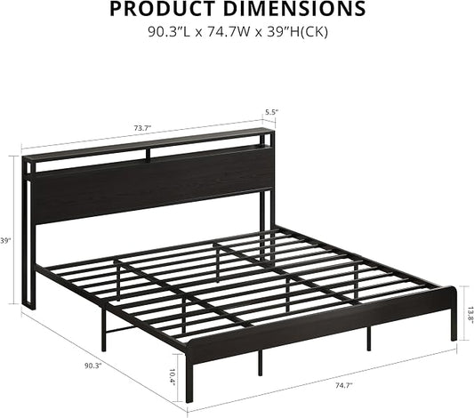 LIKIMIO California King Bed Frame with Headboard, Dark Wood Camas California King with Strong Supports, Sturdy, Noise-Free, No Box Spring Needed, Classic Black