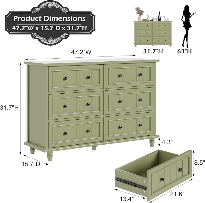 Antique Bedroom Set, 6 Drawer Dresser with Nightstands Set of 2 (Green) | Vintage Style, Paint, with Drawers, Large Storage
