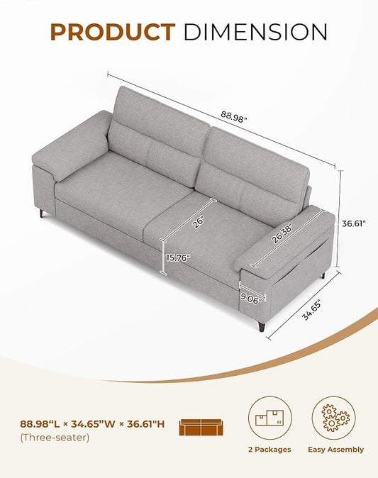 Upvilla 88.97" Modern Sofa Couches for Living Room, Deep Seat Sofas with 8”Cushion, Comfy 2-Seater Chenille Loveseat with Convertible Armrest, Removable Sofa Cover, High Leg(Light Gray)