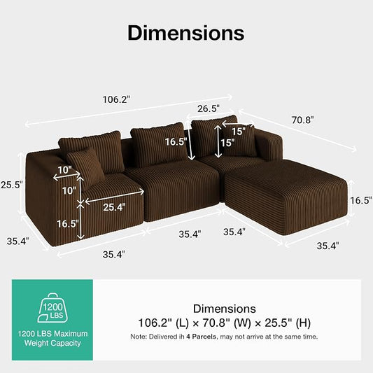 Novilla 106" Modular Sectional Sofa, Modern Cloud Sectional Couch with Smarts Coil® Support, L-Shape Boneless Couch for Living Room Apartments, No Assembly Required, Brown (3 Seat w/ 1 Ottoman)