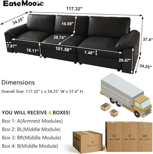 EASE MOOSE 3 Seater Deep Seat Sectional Sofa,Scratch Resistant Faux Leather Material, Oversized Modular Couch,Classic Comfy Sofas for Small Spaces, Black