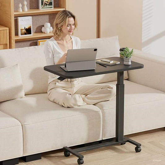 GTPLAYER Small Standing Desk with Lockable Wheels, Pneumatic Mobile Rolling Laptop Desk,Adjustable Height Overbed Bedside Table Computer Workstation for Home Office (28" W x 16" D, Black)