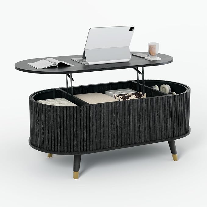 JOINICE 42.5" Oval Lift Top Coffee Table with Storage,Modern Black Center Table with Fluted Design, Solid Wood Legs & Hidden Compartment, Pop Up Coffee Table for Living Roomm