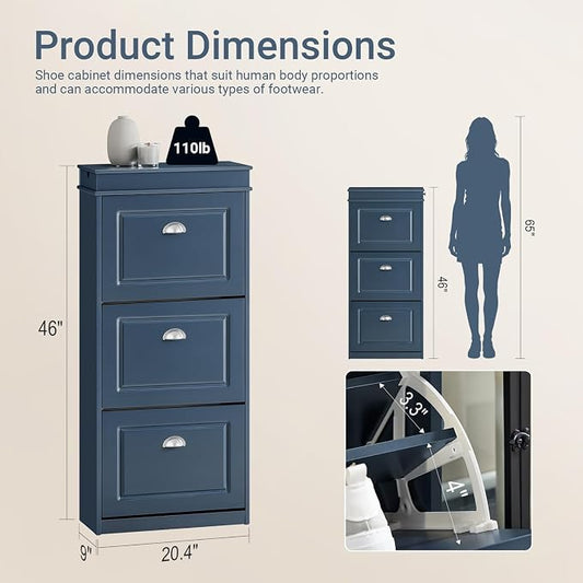 Haotian Shoe Cabinet with 3 Flip Drawers, Freestanding Shoe Rack for Entryway, Shoe Organizer with Hidden Drawer, Navy Blue, FSR94-B (9.45" D x 20.87" W x 46" H)