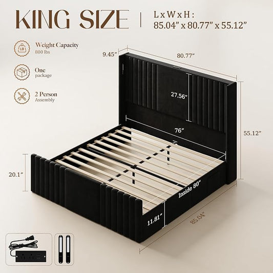 King Size Bed Frame with 55.1" Tall Headboard, Velvet Upholstered Platform Bed with Channel Tufted Wingback, 2 Reading Lights/Storage Shelf/Charging Station/Easy Assembly/Noise-Free, Black