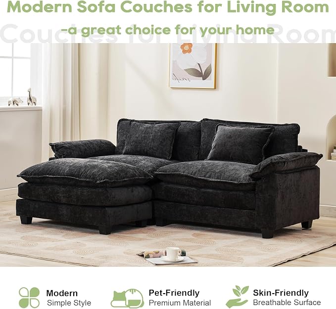 Oprisen 86" Modular Sectional Sofa, Comfy Cloud Couch Sectional Sofa with Ottoman, Chenille Sofa Sleeper Deep Seat Sofa with Throw Pillows for Living Room (Black, 86"- L Shape)