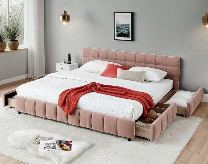 KEIKI King Thick Chenille Bed Frame with 4 Storage Drawer & Upholstered Tufted Headboard, Modern Solid Wood Floor Platform for Bedroom, No Box Spring Needed