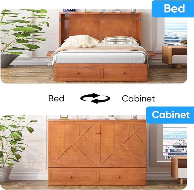 PUREMIND Murphy Bed Queen with Mattress Included, Multi-Functional Hideaway Cabinet Bed with 2 Storage Drawers, USB Charging Ports & Headboard, Space-Saving Chest Wallbed Beds for Guest Room, Cherry