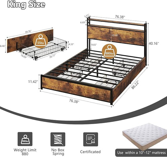 VINGLI King Bed Frame with 4 Storage Drawers and Adjustable Headboard Shelf, Metal Platform Captain Bed with Charging Station and RGB LED Lights, No Box Spring Needed, Noise Free, Wash Vintage Brown