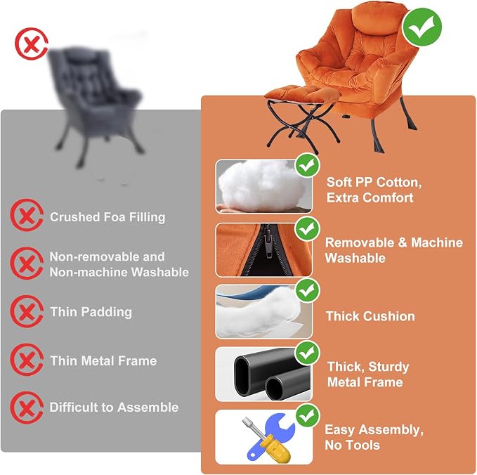 Furlide Lazy Chair with Ottoman, Modern Accent Chair with Armrests and a Side Pocket, Velvet Orange Accent Chairs, Reading Chairs, Oversized Armchairs for Bedroom, Study, Living Room, Courtyard