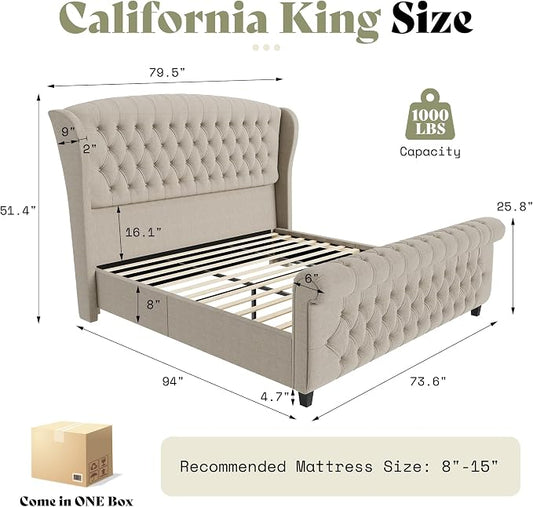 AMERLIFE California King Size Platform Bed Frame, Linen Upholstered Sleigh Bed with Scroll Wingback Headboard & Footboard/Button Tufted/No Box Spring Required/Khaki