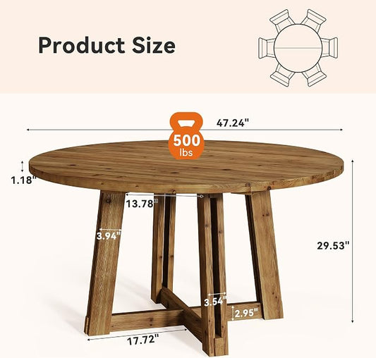 47.3" Solid Wood Dining Table for 4-6, Round Kitchen Table with Wood Legs, Farmhouse Kitchen & Dining Room Furniture, Brown