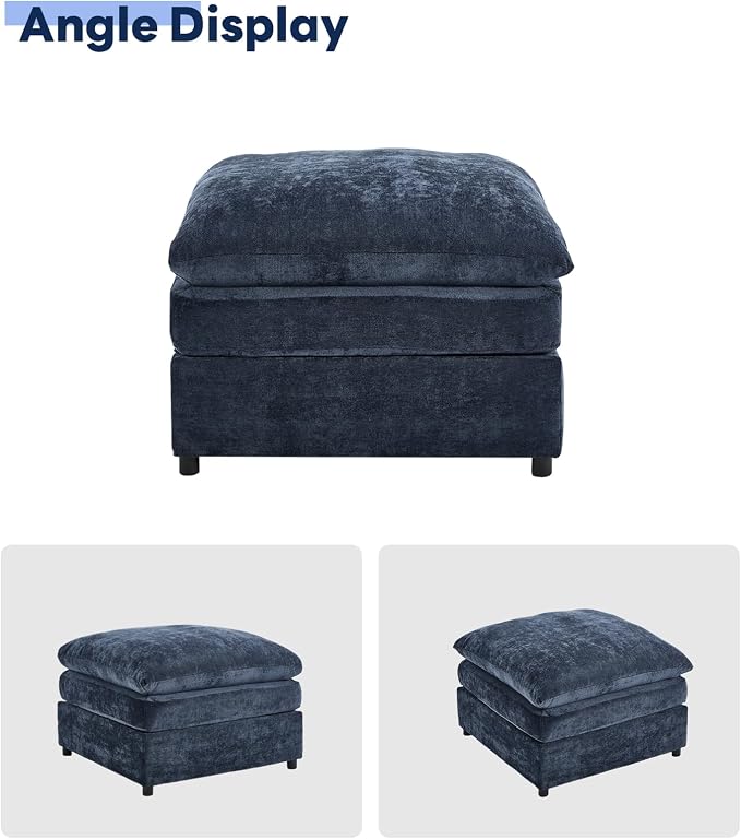 Iroomy 25" Chenille Ottoman, 9.5" Thick Cushion, Upholstered Footrest Modern Footstool & Bench for Living Room, Bedroom, Blue