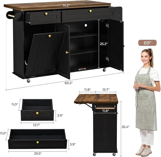 60.2" Kitchen Islands with Storage, Kitchen Island Cart with Trash Can Storage Cabinet, Rolling Kitchen Island Table with Drop Leaf & Power Outlet & Spice Rack & Towel Rack & Knife Holder, Black