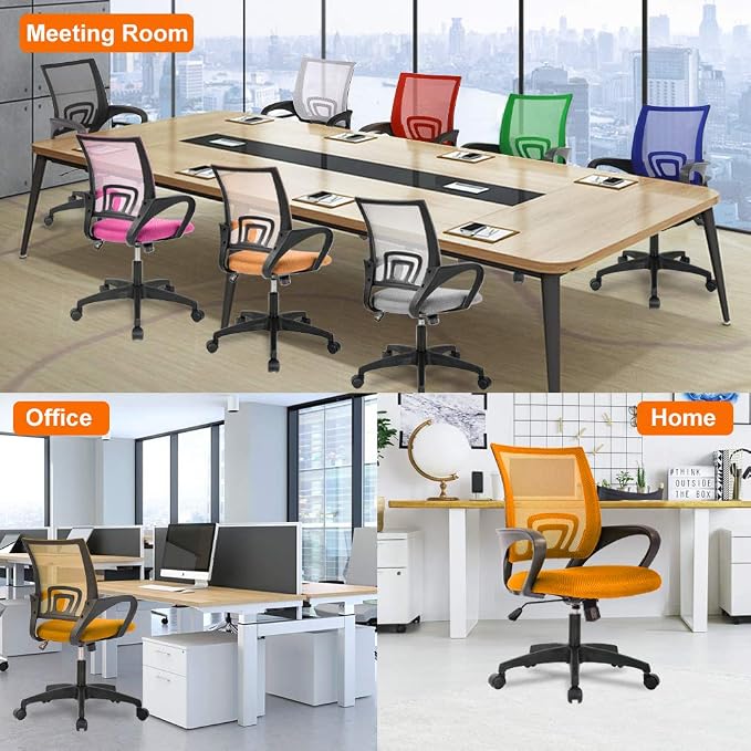 BestOffice | Ergonomic Office Chair | Mid-Back Swivel Desk Chair | Breathable Backrest & Lumbar Support | Adjustable Height | Sponge Seat | Rolling Wheels | Orange | for Adults & Women | Pack of 2