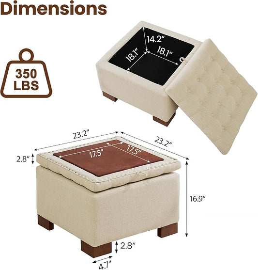 24 Inch Square Storage Ottoman Coffee Table, Modern Tufted Upholstered Ottoman with Flip Tray and Solid Wood Legs, Suitable for Living Rooms, Linen Khaki