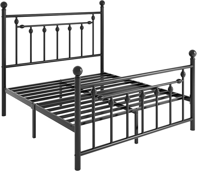 SHA CERLIN 14" Queen Size Metal Platform Bed Frame/Victorian Headboard and Footboard/Steel Slats Mattress Foundation for Storage/No Box Spring Needed/Noise Free/Black