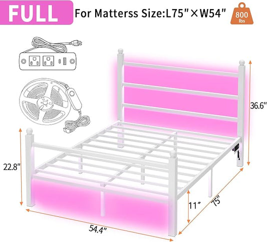 CLIBFENG Full Size Bed Frame with Headboard and Footboard,Steel Slats Support-LED Bed Frame with USB Charging Station,Mattress Foundation-Under Bed Storage,No Box Spring Needed,Noise Free,White