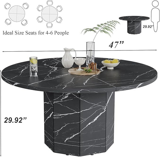 HSH Round Dining Table for 4-6 People, 47” Black Faux Marble Kitchen Table only, Modern Wooden Dinner Table for Living Dining Room with Octagon Base, Black Faux Marble, 47 Inch
