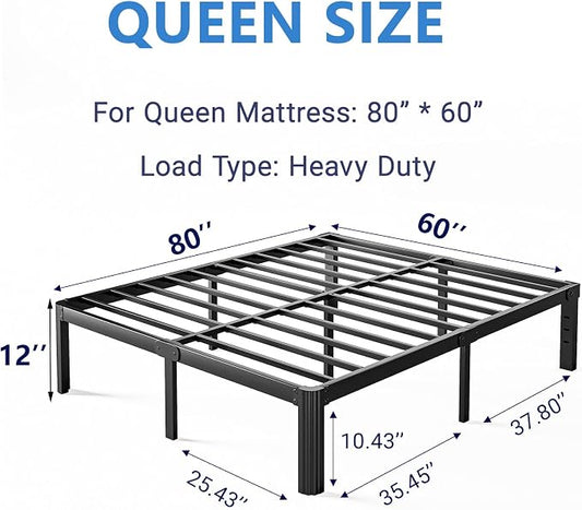12 Inch High Platform Queen Bed Frame No Box Spring Needed, Metal Bed Frame Queen Size, Noise Free, Easy Assembly, Heavy Duty, Black