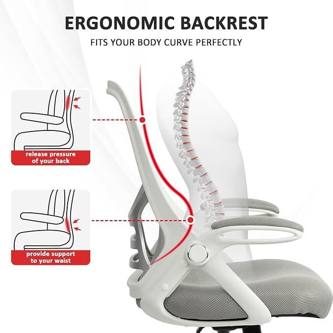 HYLONE Office Chair Ergonomic Chair with Flip up Armrests, Thickened Seat Computer Chair with Breathable Mesh Back Home Office Computer Chairs for Long Hours Mesh Office Chair(Grey)