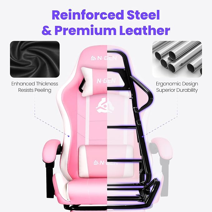 N-GEN GAMING Video Gaming Chair with Footrest Lumbar Support for Home Office High Back Recliner Height Adjustable Ergonomic Comfy Leather Computer Desk Chair (Pink)