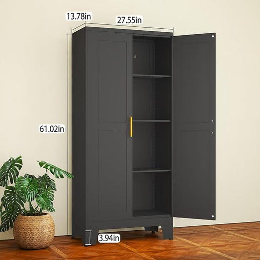 Black Metal Storage Cabinet, 61" Steel Cabinets for Home Office | Kitchen Pantry Storage Cabinet with Doors and 3 Adjustable Shelves, Metal Tool Cabinet, for Office, Home, Garage, School