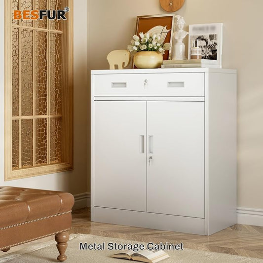 BESFUR Metal Storage Cabinet, Garage Storage Cabinet with One Drawer and Adjustable Shelf, Locking Short Storage Cabinet for Office Garage Home, White Metal Cabinets(36" H x 27.5" W x 16" D)