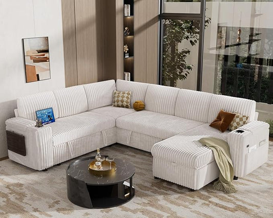 Vipbear 111" Modular Sectional Sleeper Sofa with Pull Out Bed, 7 Seat Plush Corduroy L Shaped Couch with Storage Chaise|USB Ports|Cup Holders|Side Table|Storage Armrests, Tool Free Assembly, Beige