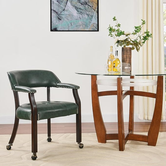 LEEMTORIG Large Dining Chairs with Casters and Arms, Rolling Dining Chairs with Wheels, Game Poker Table Chairs, Boss Caption's Chairs, 26"D x 25.2"W x 31.5"H, Espresso Legs & Green PU, XXY-1910-GN