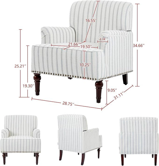 Accent Chair, Mid Century Modern Comfy Armchair for Living Room, Linen Fabric Single Sofa Lounge for Reading Bedroom Apartment Waiting Room with Wood Legs (Pinstripe Light Blue, Set of 2)