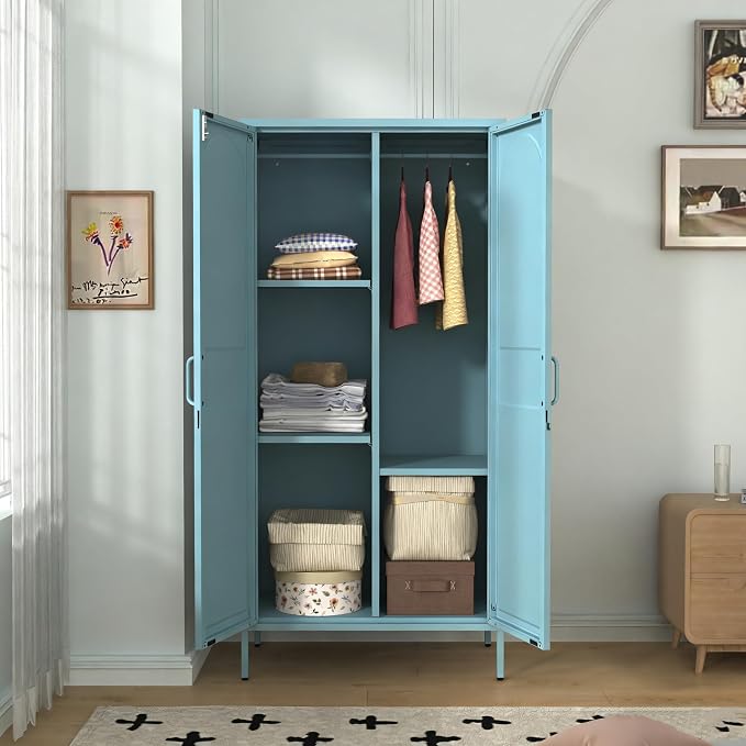 67" Industrial Lockable Metal 2-Door Wardrobe Storage Cabinet with Hanging Rod & Adjustable Shelves, Heavy Duty Multipurpose for Bedroom, Garage, Home Office, Blue 67" H X 31.5" W X 18.1" D