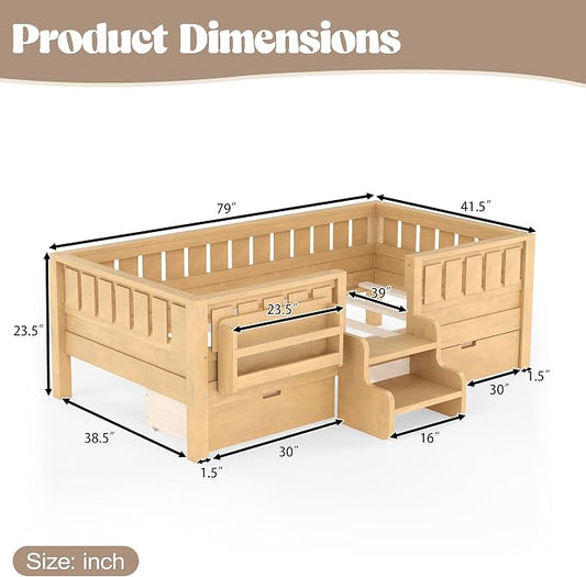 Bellemave Twin Size Kids Montessori Bed with Stairs and Bookshelf,Solid Wood Twin Size Kids Bed Frame with Drawers and Storage for Girls Boys,Low-Profile,Light Natural