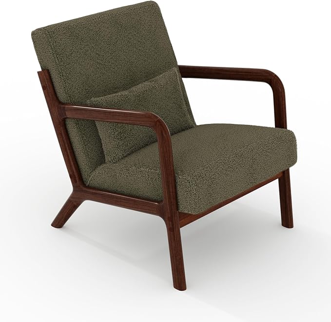 Garvee Mid-Century Modern Accent Chair, Sherpa Upholstery, Solid Wood Armchair with Removable Lumbar Pillow, Sturdy Reading Chair for Living Room, Bedroom, Guest Room, Easy Assembly, Green