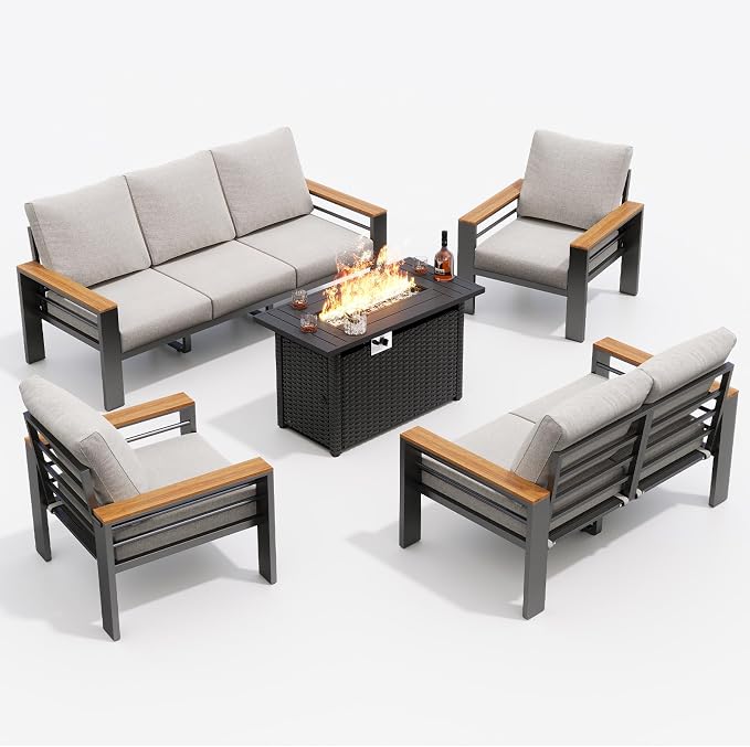 Aoxun Patio Furniture Set, Aluminum Patio Set with Fire Pit Table and 5" Thicken & Washable Cushion, Waterproof Outdoor Furniture, Outdoor Couch Sectional for Backyard (7 Seats/F, Grey)