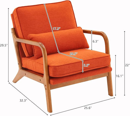 Karl home Accent Chair Mid-Century Modern Chair with Pillow Linen Fabric Upholstered Lounge Arm Chair with Solid Wood Frame & Soft Cushion for Living Room, Bedroom, Balcony, Burnt Orange