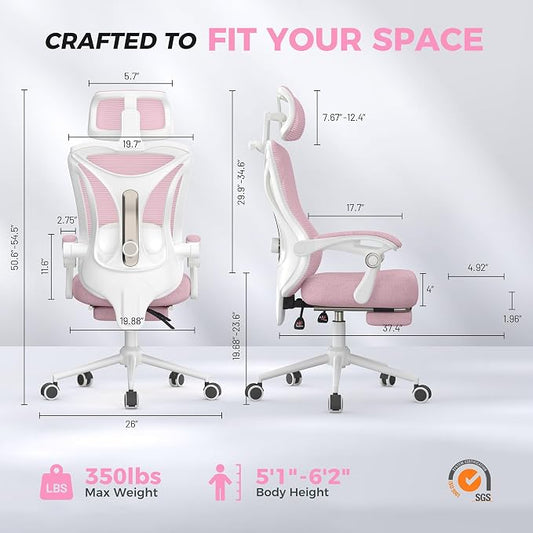 CYKOV Ergonomic Office Chair with Footrest - Adjustable Lumbar Support & Headrest, 90-135° Reclining Mesh Back Computer Chair - Home Office/Gaming, 350lbs Capacity