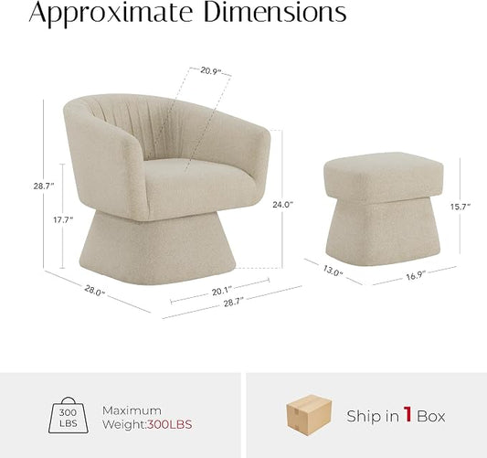 Zerel's Home Swivel Accent Chair with Ottoman, Upholstered Barrel Accent Chair, Modern Accent Chair with Pleated Backrest and Arms, Boucle Armchair for Living Room Bedroom, Sand