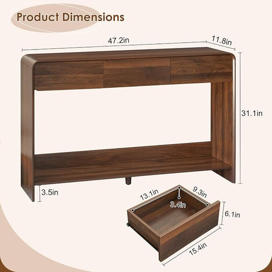 Nasonet Mid Century Modern Console Table, Entryway Table with 3 Storage Drawers, Wood Sofa Table Behind The Console Table for Entryway, Hallway, Living Room, Walnut