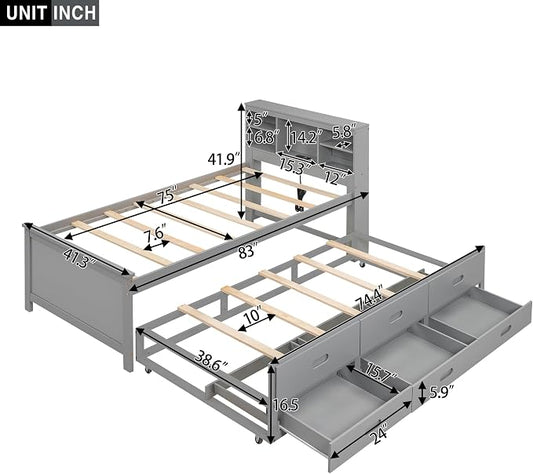 Merax Twin Size Platform Bed with Storage Headboard, USB, Wood Bedframe with Twin Size Trundle and 3 Drawers, Grey