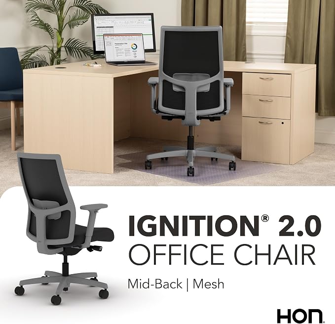 HON Ignition 2.0 Mid‑Back Ergonomic Office Chair, Mesh Task Seating with Lumbar Support, Advanced Synchro‑Tilt, Height and Width Adjustable Arms, Titanium Frame, Onyx