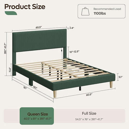 Bestier Queen Platform Bed Frame with Headboard LED Light,Upholstered,Green | No Squeaks,Easy Assembly,LED Lighting Headboard,Vertical Channel Corduroy Upholstered,Wood Slats Support,No Box Spring Needed