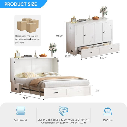 PUREMIND Queen Murphy Bed Cabinet, Multi-Functional Hideaway Cabinet Bed with Storage Drawer, USB Charging Ports and Folding Bedside Panel, Space Saving Chest Beds Wallbed for Guest Room, No Mattress