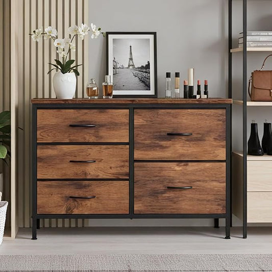 DUMOS TV Stand for Bedroom with 5 Drawers, Storage Chest of Drawers | Fabric Storage Organizers Units with Metal Frame for Books, Hallway, Rust