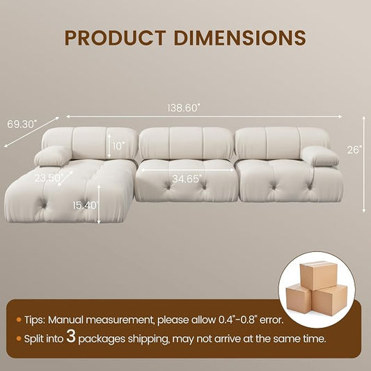 104" Convertible Modular Sectional Sofa, L-Shaped Velvet Sectional Couch with Chaise Ottoman, Minimalist Modern Sofas for Living Room Bedroom Office Apartment (Beige)