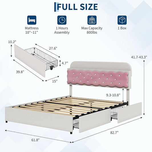 Garvee Queen Size Bed Frame for Girls, Beige & Pink Princess Style with Storage Headboard & 2 Drawers, Upholstered Platform Bed, No Box Spring Needed, Easy Assembly