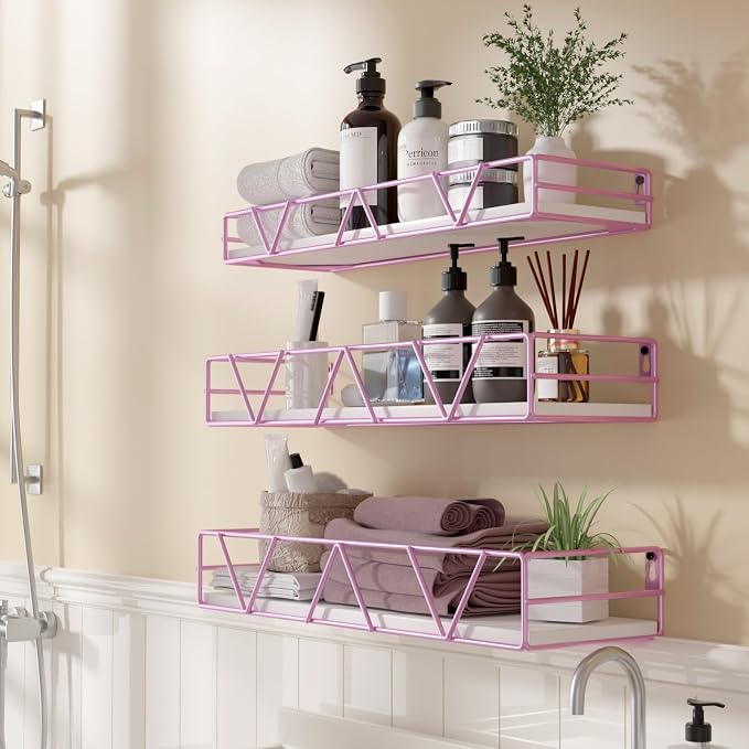 Amaoot Floating Shelves Set of 3, Home Wood Wall Shelf, Farmhouse Shelf for Bedroom, Wall Mounted Floating Shelf for Living Room, Bedroom, Bathroom, Kitchen, Office (Pink)
