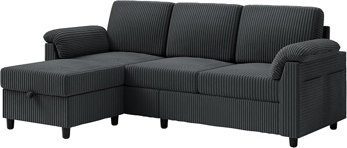 Vongrasig Convertible Sectional Sofa Couch, 3 Seat L Shaped Sofa with Removable Pillows Soft Corduroy Fabric Small Couch Mid Century for Living Room, Apartment and Office (Gray)